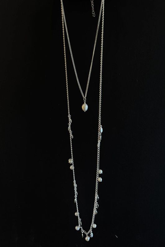 Pearl Droplets Multi Layered Necklace Silver /38=
